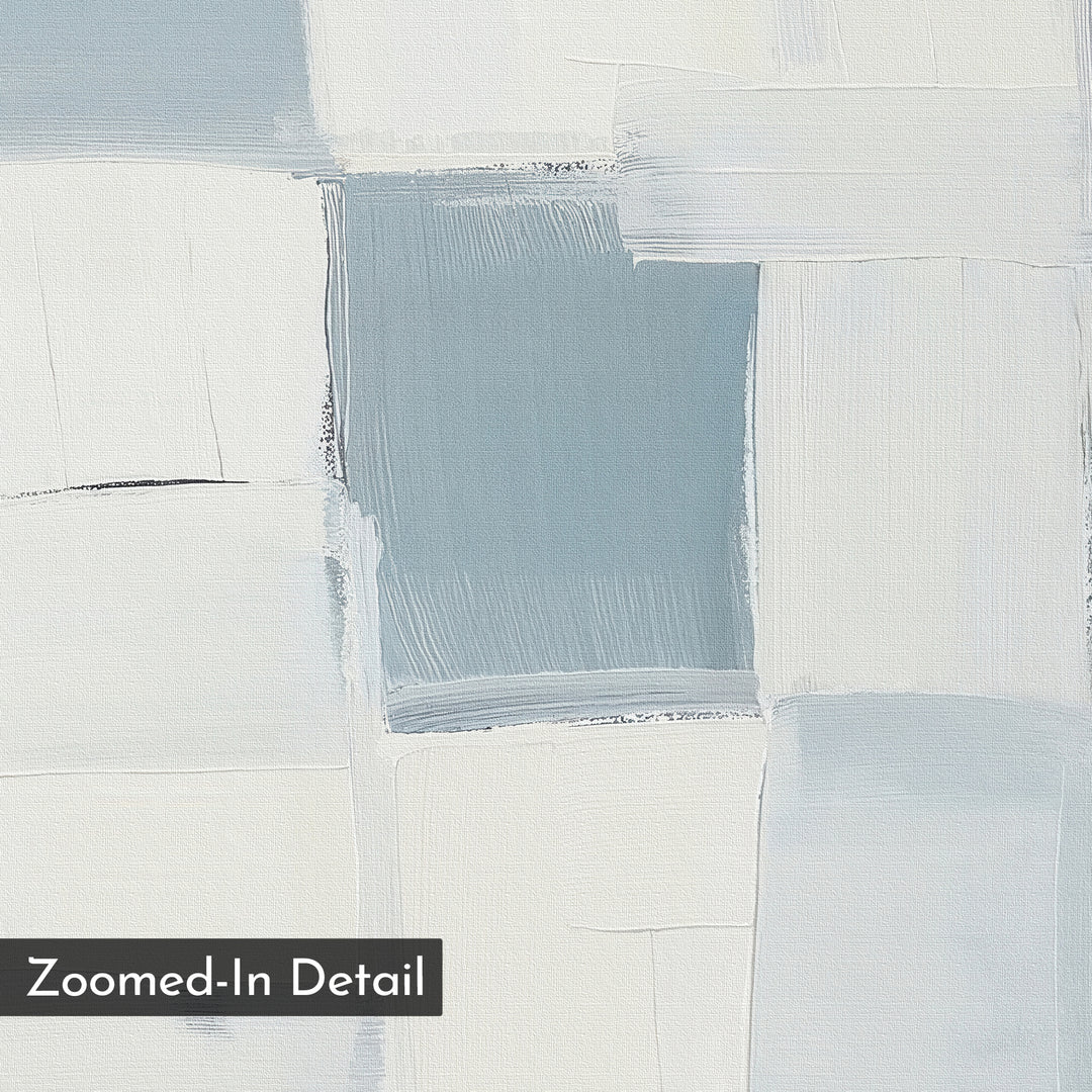 Silent Squares Abstract Canvas Art features overlapping rectangular blocks in white, light gray, and blue with visible brushstrokes for texture. "Zoomed-In Detail" is labeled in the corner, making it perfect for modern home decor.