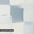Silent Squares Abstract Canvas Art features overlapping rectangular blocks in white, light gray, and blue with visible brushstrokes for texture. "Zoomed-In Detail" is labeled in the corner, making it perfect for modern home decor.