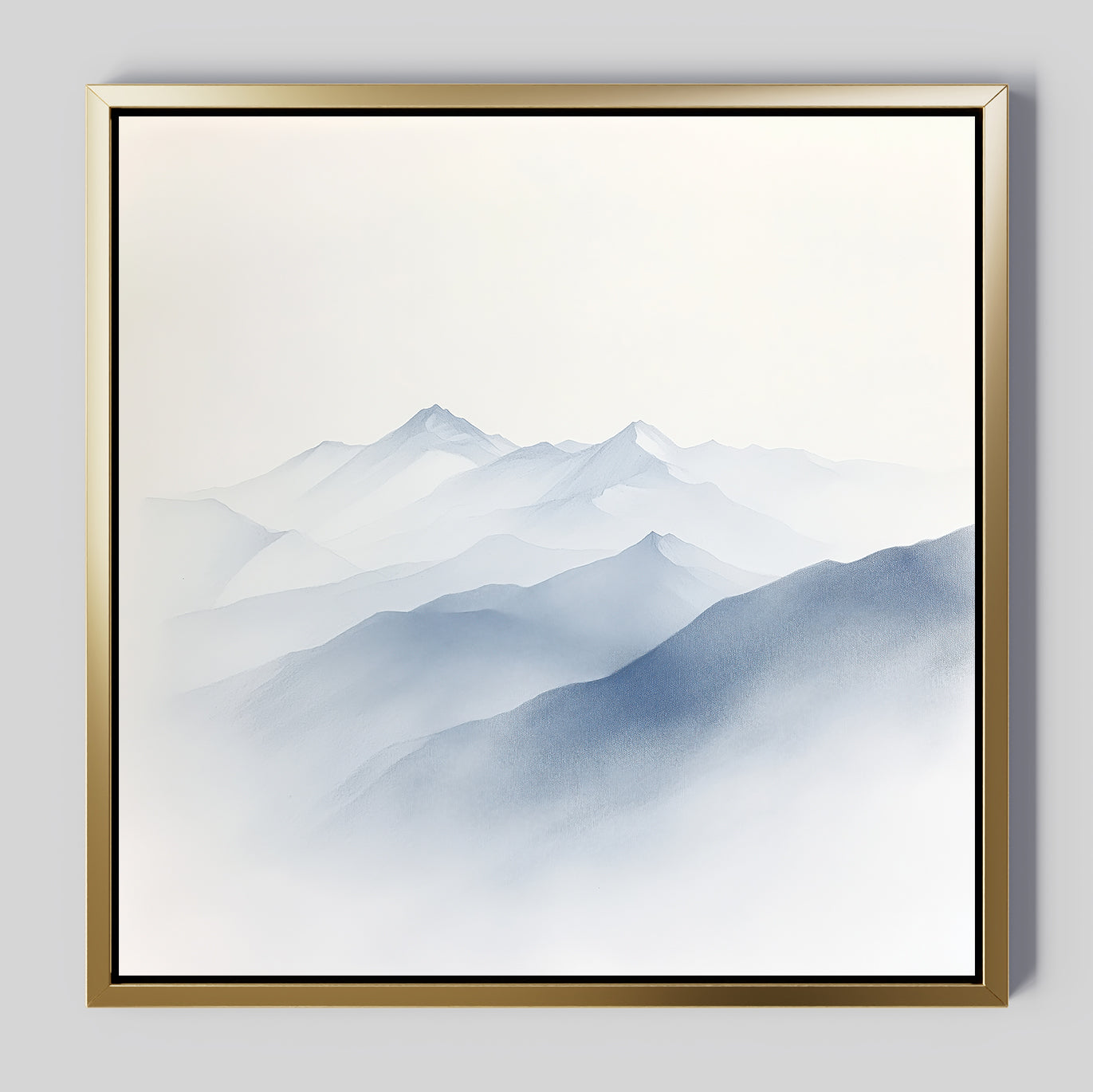 Silent Summits Canvas Art features softly blurred blue-grey peaks layered on white, creating a serene minimalist mountain scene in a modern gold frame—ideal wall art for elegant bedroom decor.