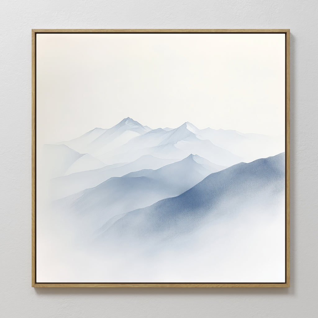 Silent Summits Canvas Art showcases minimalist mountain silhouettes in misty blues and grays against a pale background, creating serene wall decor ideal for a tranquil bedroom.