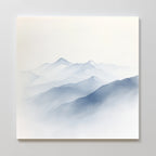 Silent Summits Canvas Art features soft, misty blue-gray mountains layered on a pale white background, creating a serene and tranquil landscape—ideal for bedroom decor.