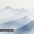 The Silent Summits Canvas Art features a minimalist watercolor of blue and gray mountains fading into the distance, perfect as mountain wall art, with "Zoomed-In Detail" displayed in a box at the lower left corner.