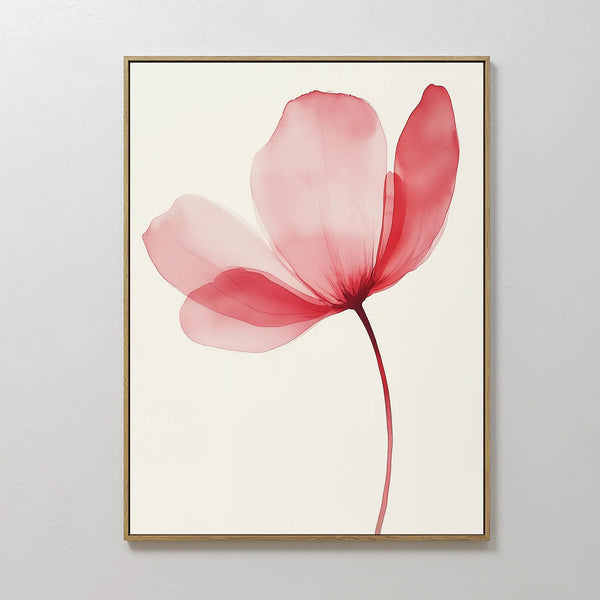 The Single Bloom Canvas Art showcases a pink flower with three translucent petals and a thin stem on a white background, framed in a light frame—ideal blush pink wall decor for any room.