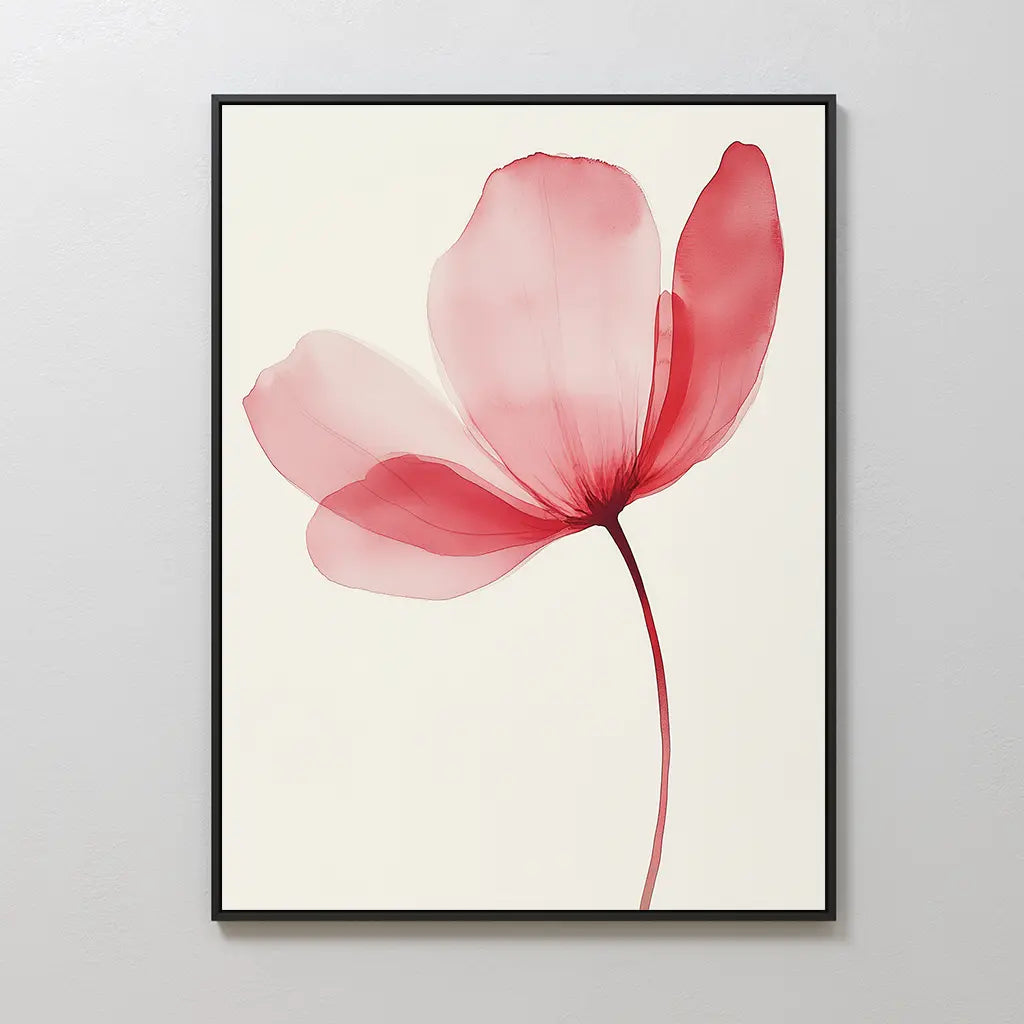 Single Bloom Canvas Art—minimalist wall decor showcasing a translucent pink three-petal flower on an off-white background with a black frame, ideal for adding modern elegance and serene blush tones to your space.