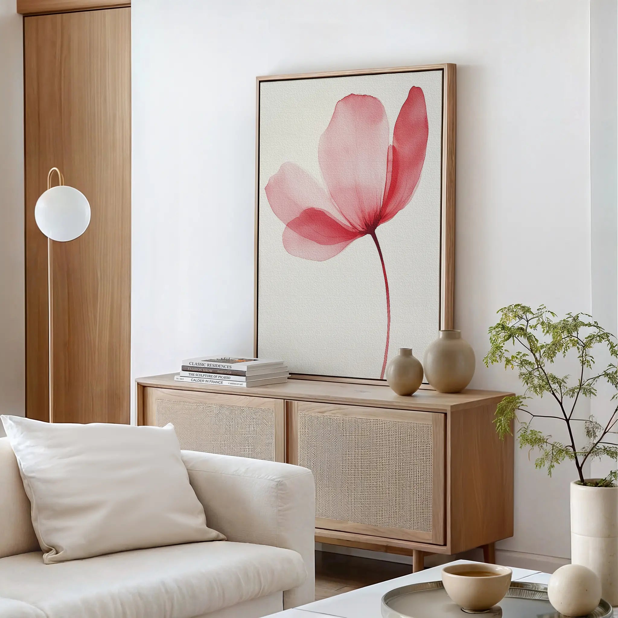A minimalist living room styled with a white sofa, light wood sideboard, and the Single Bloom Canvas Art in blush pink as floral wall decor. Decorative vases, books, a globe lamp, and a small potted plant complete the serene modern look.