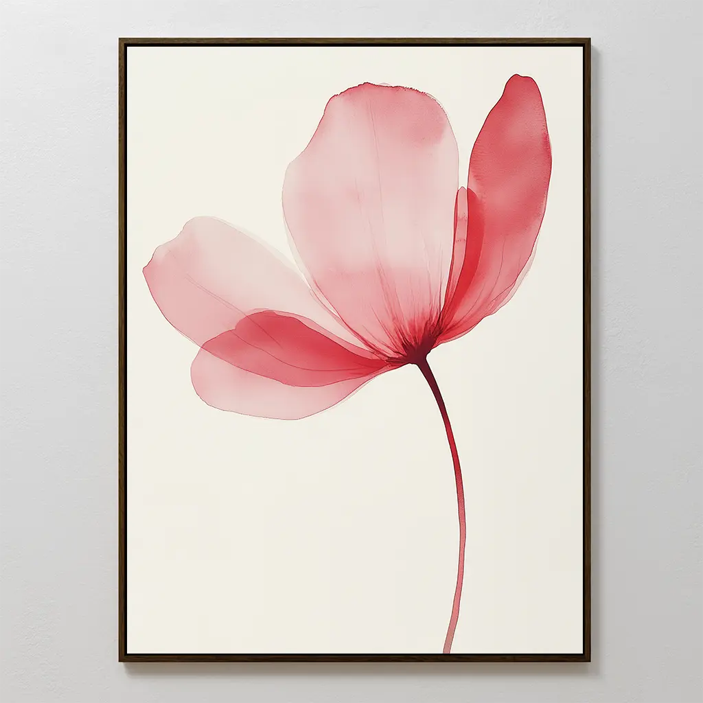 The Single Bloom Canvas Art showcases a pink and red translucent flower with delicate petals on a thin stem, set against an off-white background in a sleek black frame—ideal blush pink wall decor.