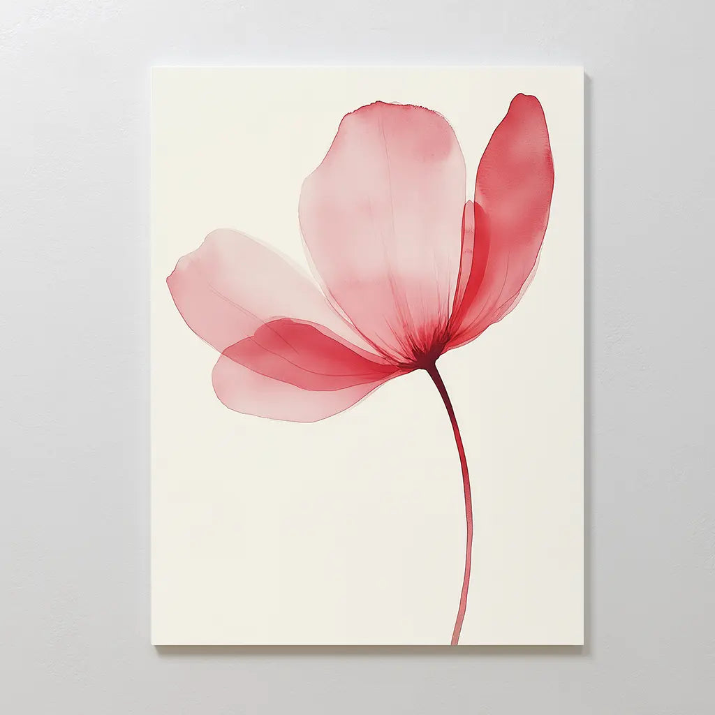 Single Bloom Canvas Art features a minimalist pink flower with translucent petals and a delicate stem on a white background—ideal as elegant blush pink wall decor or floral wall art for any room.