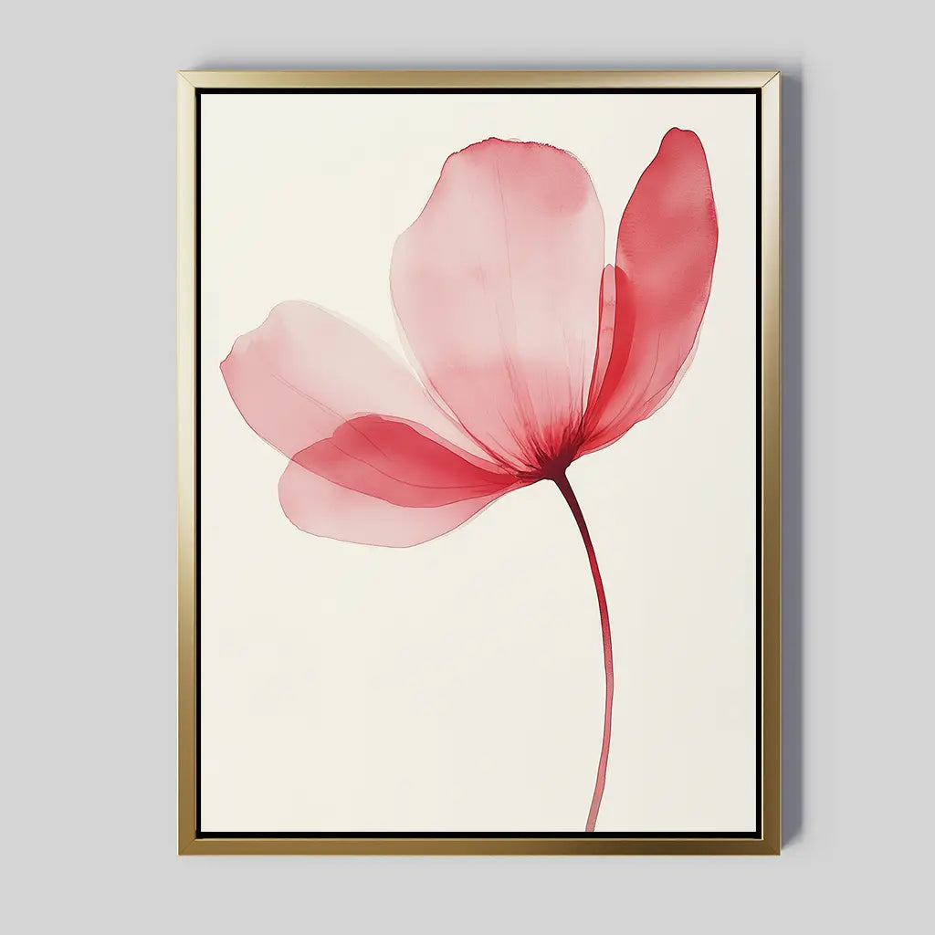 Single Bloom Canvas Art: A minimalist wall art featuring a translucent blush pink three-petal flower on a thin stem against a light background, elegantly framed in gold with a black inner border.