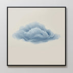Single Cloud Canvas Art is a framed minimalist wall piece showcasing a fluffy blue-gray cloud on a beige background, perfect for modern decor and display on light-colored walls.