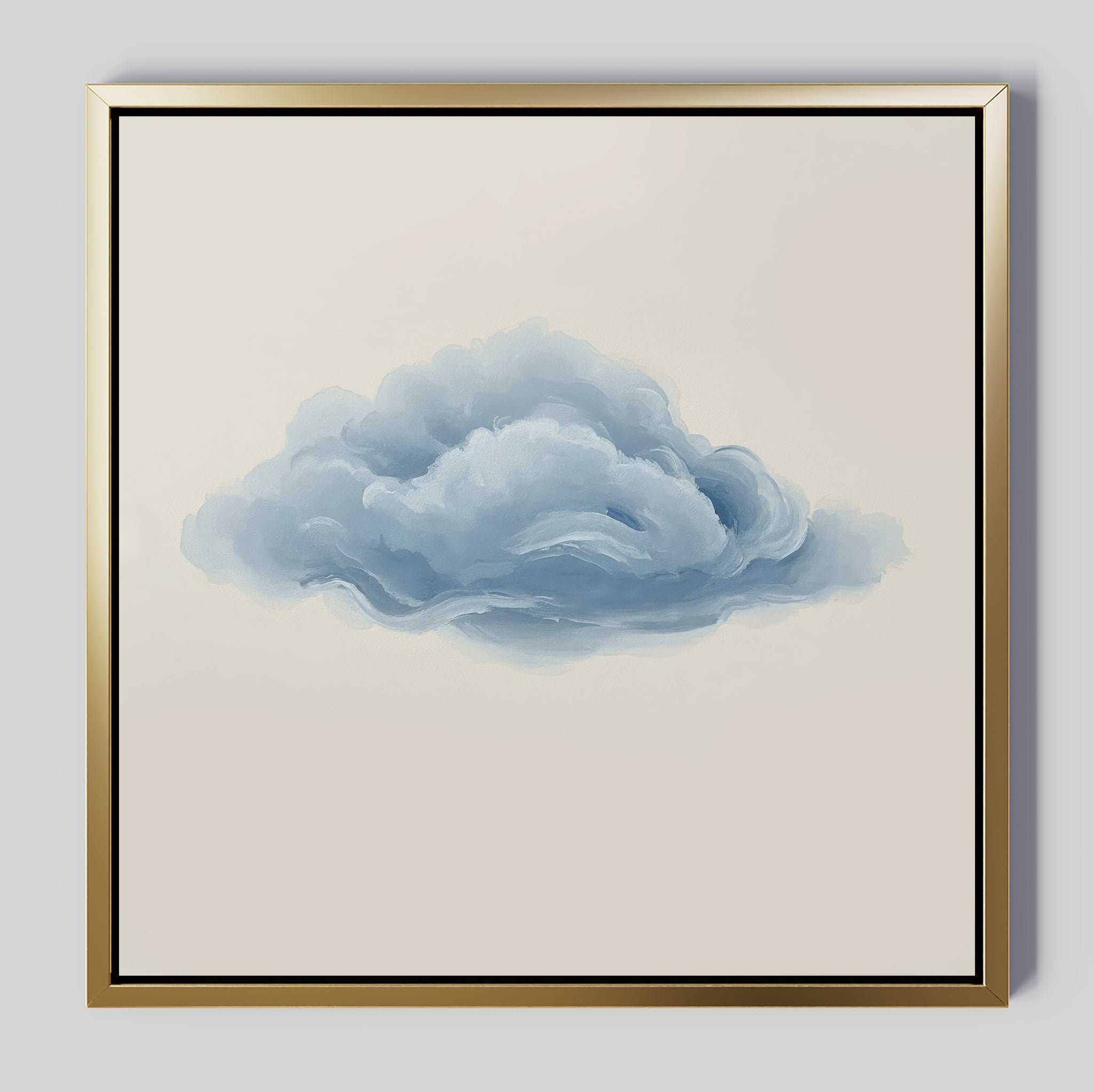 Single Cloud Canvas Art: A framed print featuring a fluffy blue cloud on a light background with a gold border—ideal minimalist wall art for modern decor enthusiasts.