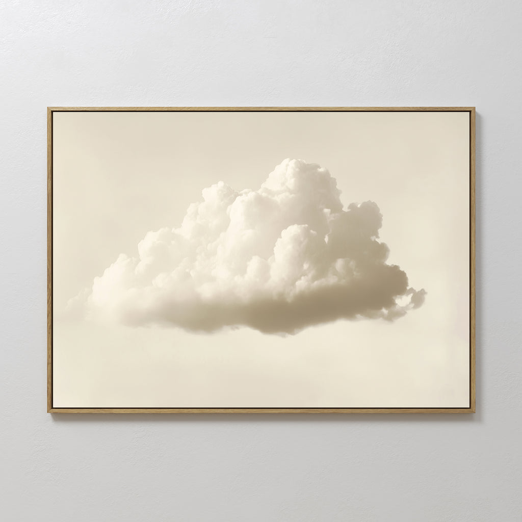 The Singular Vapor Canvas Art – Horizontal showcases a single fluffy white cloud on a smooth light beige background, offering calm and minimalist wall décor ideal for modern interiors.