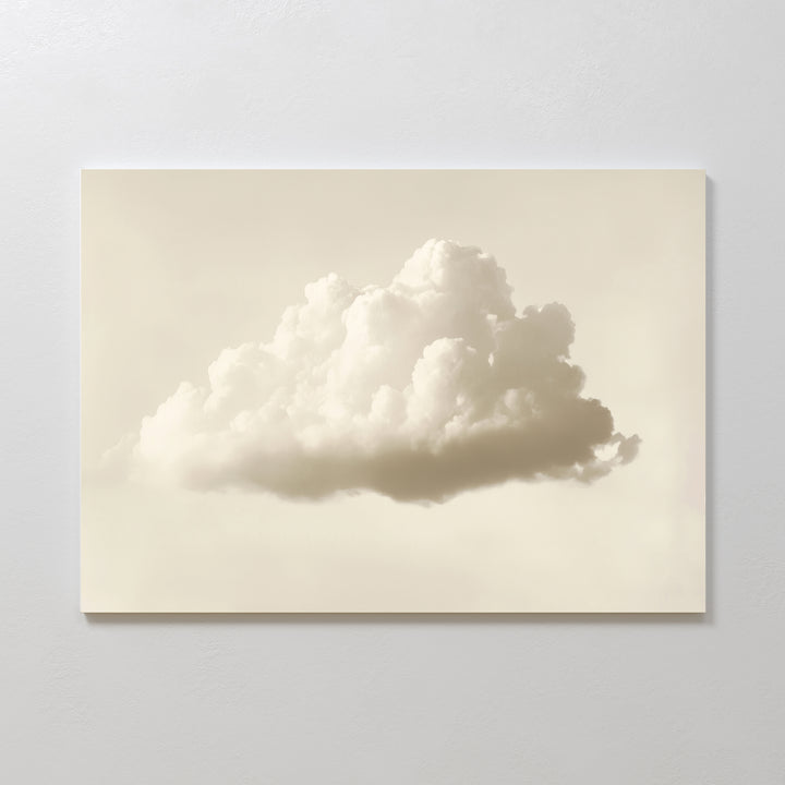 Singular Vapor Canvas Art – Horizontal features a photo-realistic fluffy white cloud on a soft beige background, making it ideal minimalist wall art for modern interiors. Perfect for display on a light gray wall.