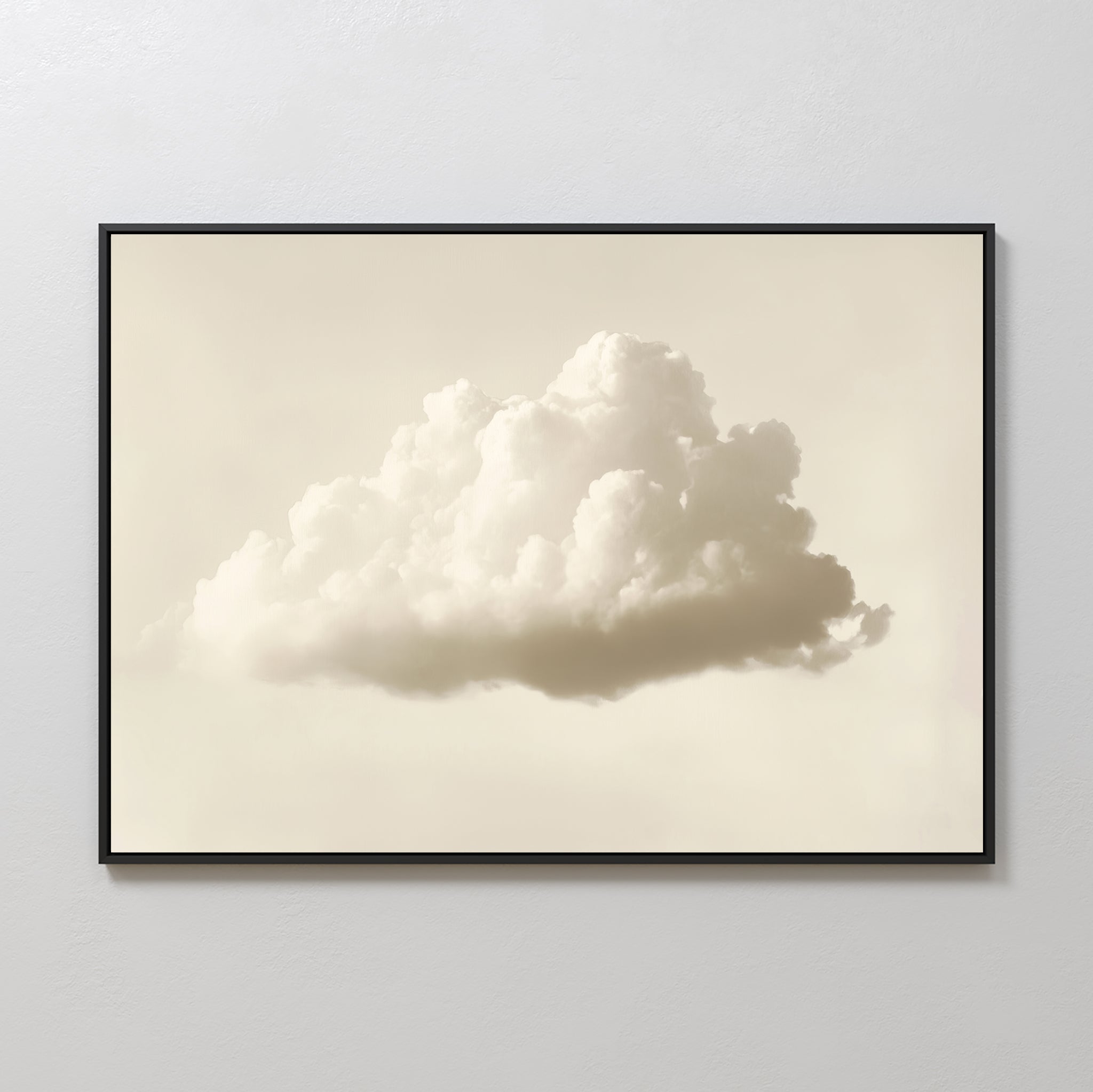 The Singular Vapor Canvas Art – Horizontal features a single fluffy white cloud on a pale background, creating perfect minimalist wall art for modern interiors or soothing bedroom decor.