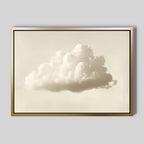 The Singular Vapor Canvas Art – Horizontal features a single fluffy white cloud on a soft beige background with a simple gold frame—minimalist wall art ideal for elevating modern interiors or adding charm to your bedroom decor.