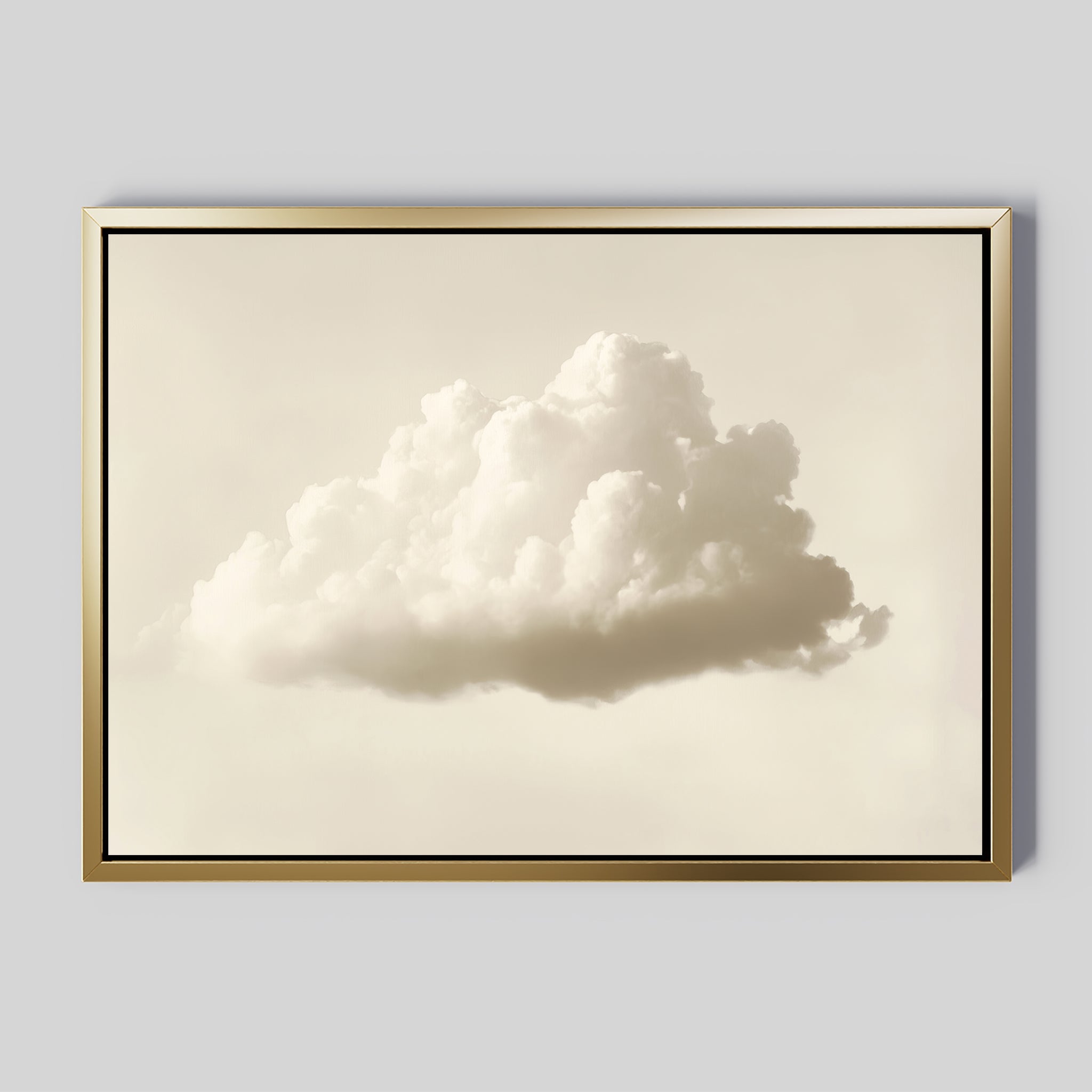 The Singular Vapor Canvas Art – Horizontal features a single fluffy white cloud on a soft beige background with a simple gold frame—minimalist wall art ideal for elevating modern interiors or adding charm to your bedroom decor.