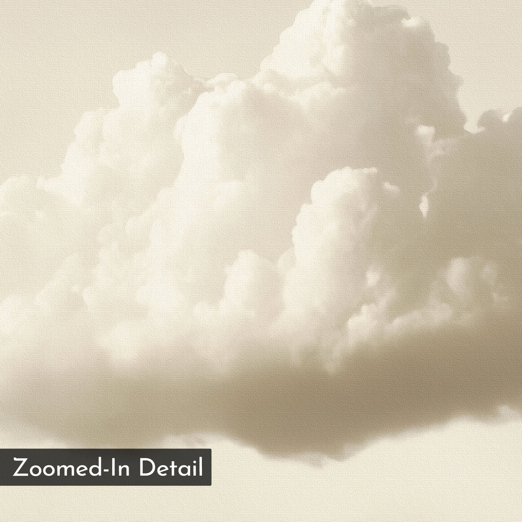 A close-up of a fluffy white cloud against a light sky with a canvas texture—ideal minimalist wall art for modern interiors. The bottom left corner features a dark label reading "Zoomed-In Detail." Product: Singular Vapor Canvas Art.