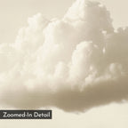 A close-up of a fluffy white cloud against a light sky with a canvas texture—ideal minimalist wall art for modern interiors. The bottom left corner features a dark label reading "Zoomed-In Detail." Product: Singular Vapor Canvas Art.