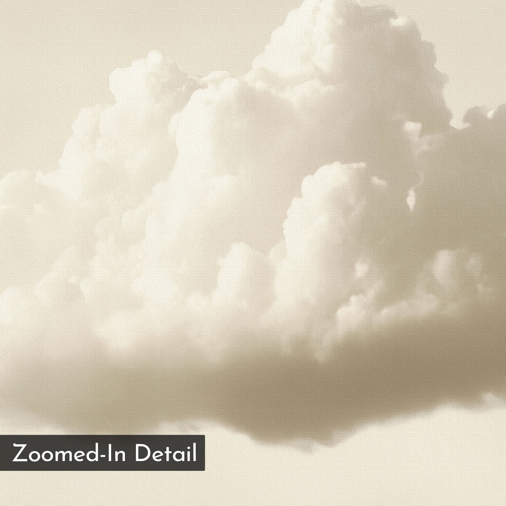 A close-up of a fluffy white cloud against a light sky with a canvas texture—ideal minimalist wall art for modern interiors. The bottom left corner features a dark label reading "Zoomed-In Detail." Product: Singular Vapor Canvas Art.