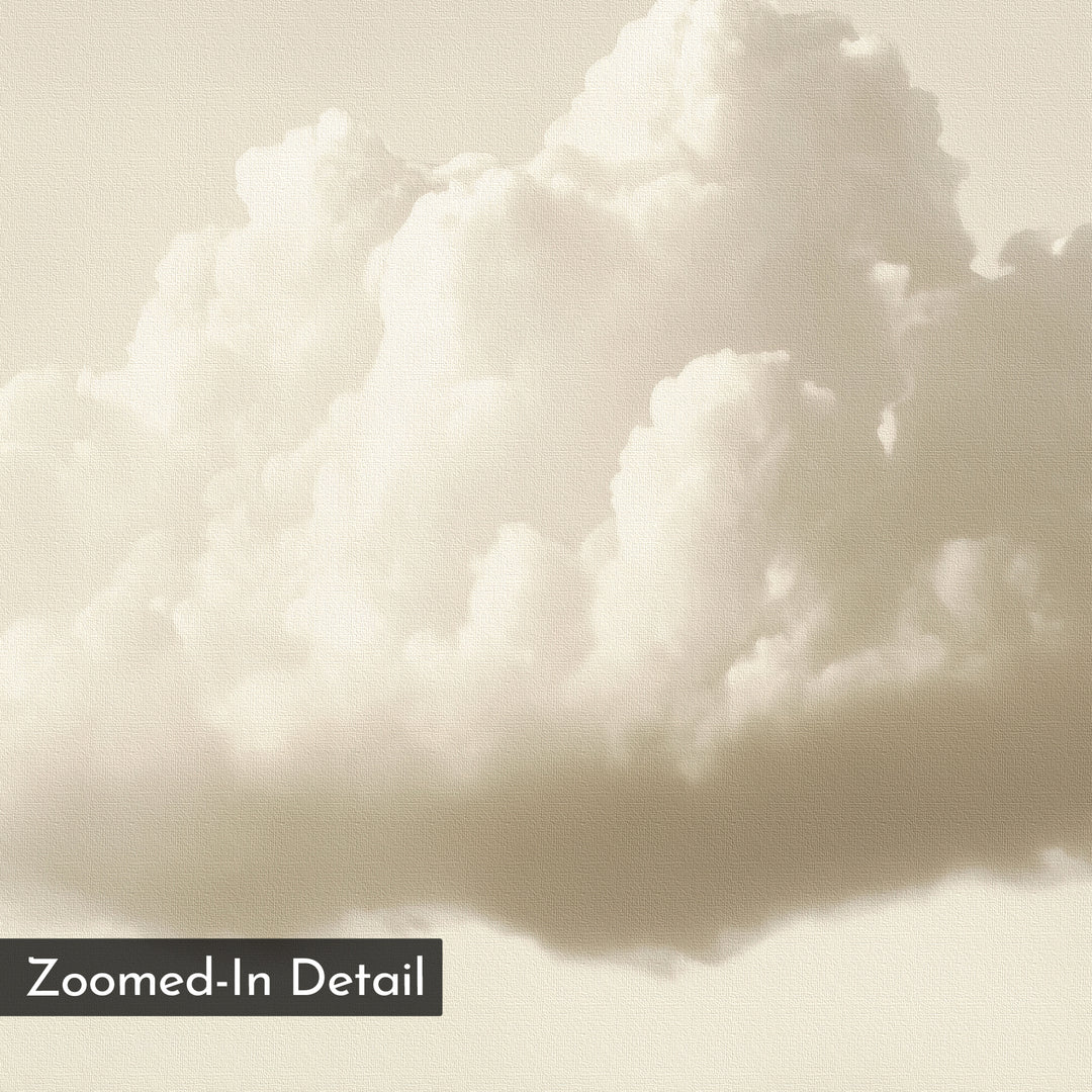 A close-up of a fluffy white cloud on a pale sky, featured in the Singular Vapor Canvas Art – Horizontal, ideal for bedroom decor or minimalist wall art, with 'Zoomed-In Detail' labeled in black at the bottom left.