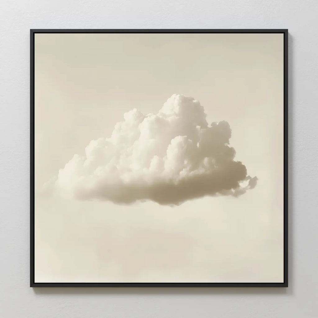 Singular Vapor Canvas Art features a single fluffy white cloud centered on a light beige background, creating a minimalist and serene piece—perfect wall art for modern interiors.