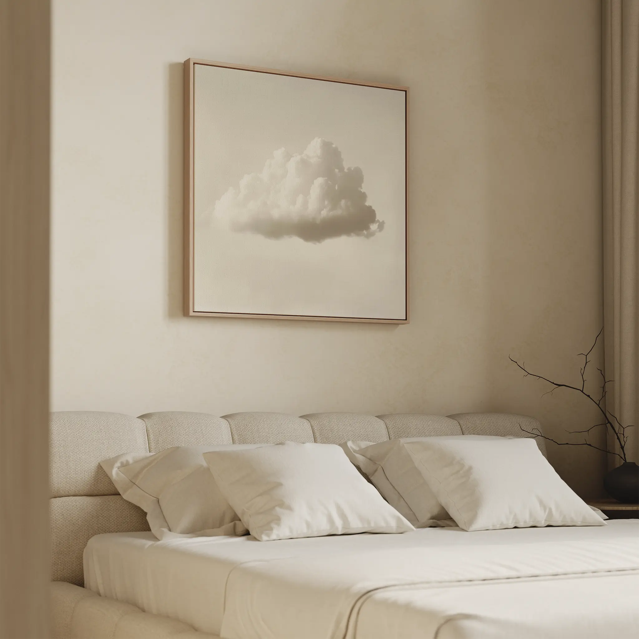 A minimalist bedroom with a beige upholstered bed, white bedding, and pillows. Above the bed hangs the Singular Vapor Canvas Art on a neutral wall. A bare branch in a vase sits on a nightstand near beige curtains by the window.