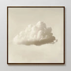 The Singular Vapor Canvas Art displays a single fluffy white cloud centered on a pale, clear background. This minimalist framed piece adds a soft, serene touch to modern interiors, perfect for elevating any wall with simple elegance.