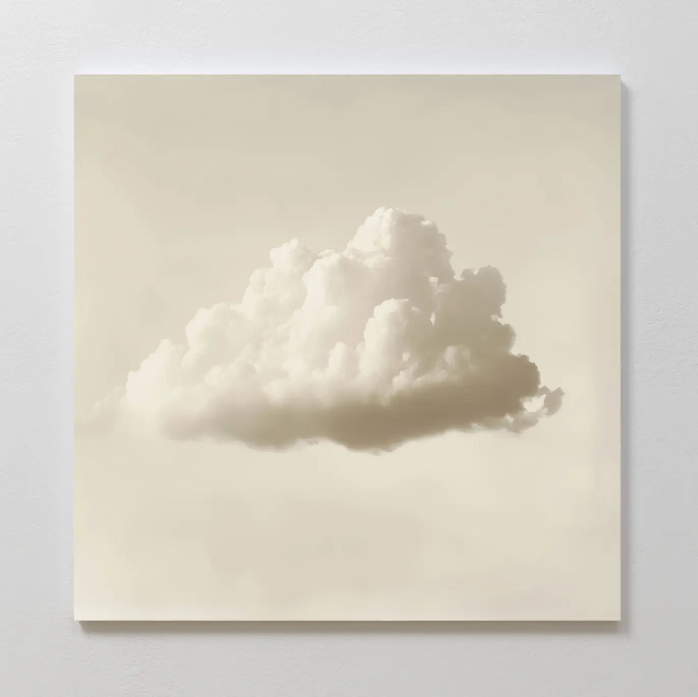 Singular Vapor Canvas Art features a realistic fluffy white cloud centered on a pale cream background in a simple white frame—ideal minimalist wall art for modern interiors or creating tranquil bedroom decor.