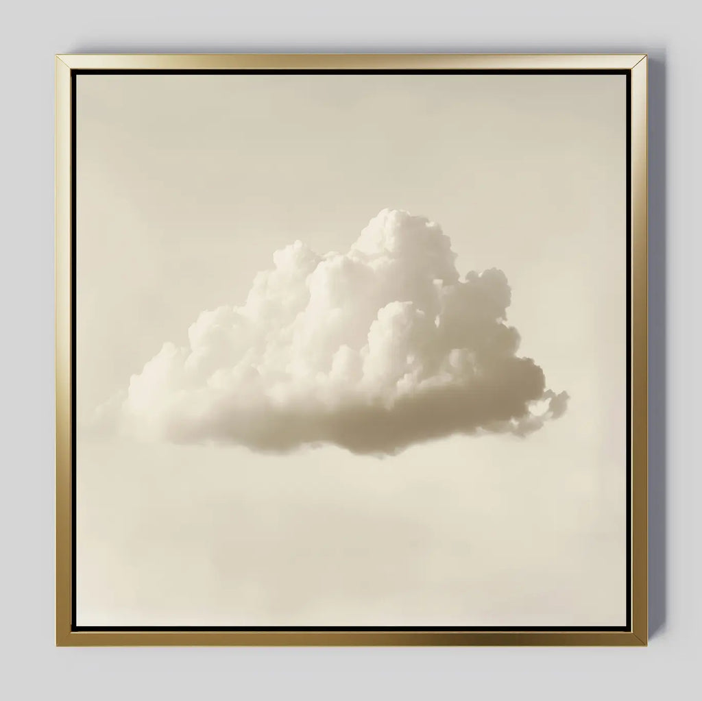 The Singular Vapor Canvas Art features a single fluffy white cloud on a light beige background in a sleek metallic gold frame—ideal minimalist wall decor for modern interiors.