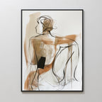 Sitting Silhouette Abstract Canvas Art features a line drawing of a seated figure viewed from behind, with loose brown and black strokes and one arm resting on a bent knee.