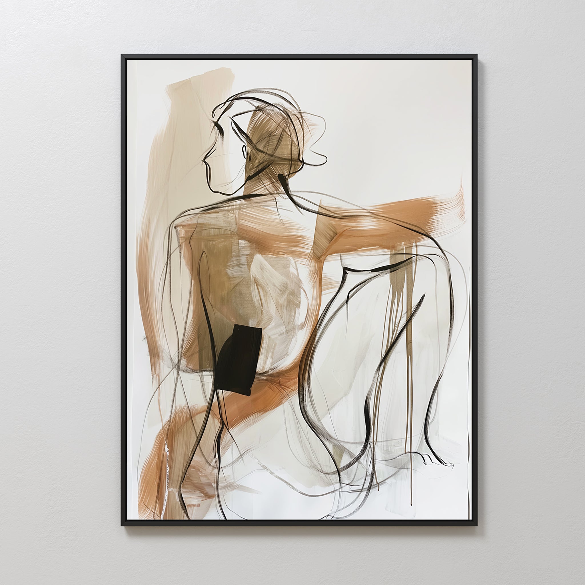 Sitting Silhouette Abstract Canvas Art features a line drawing of a seated figure viewed from behind, with loose brown and black strokes and one arm resting on a bent knee.