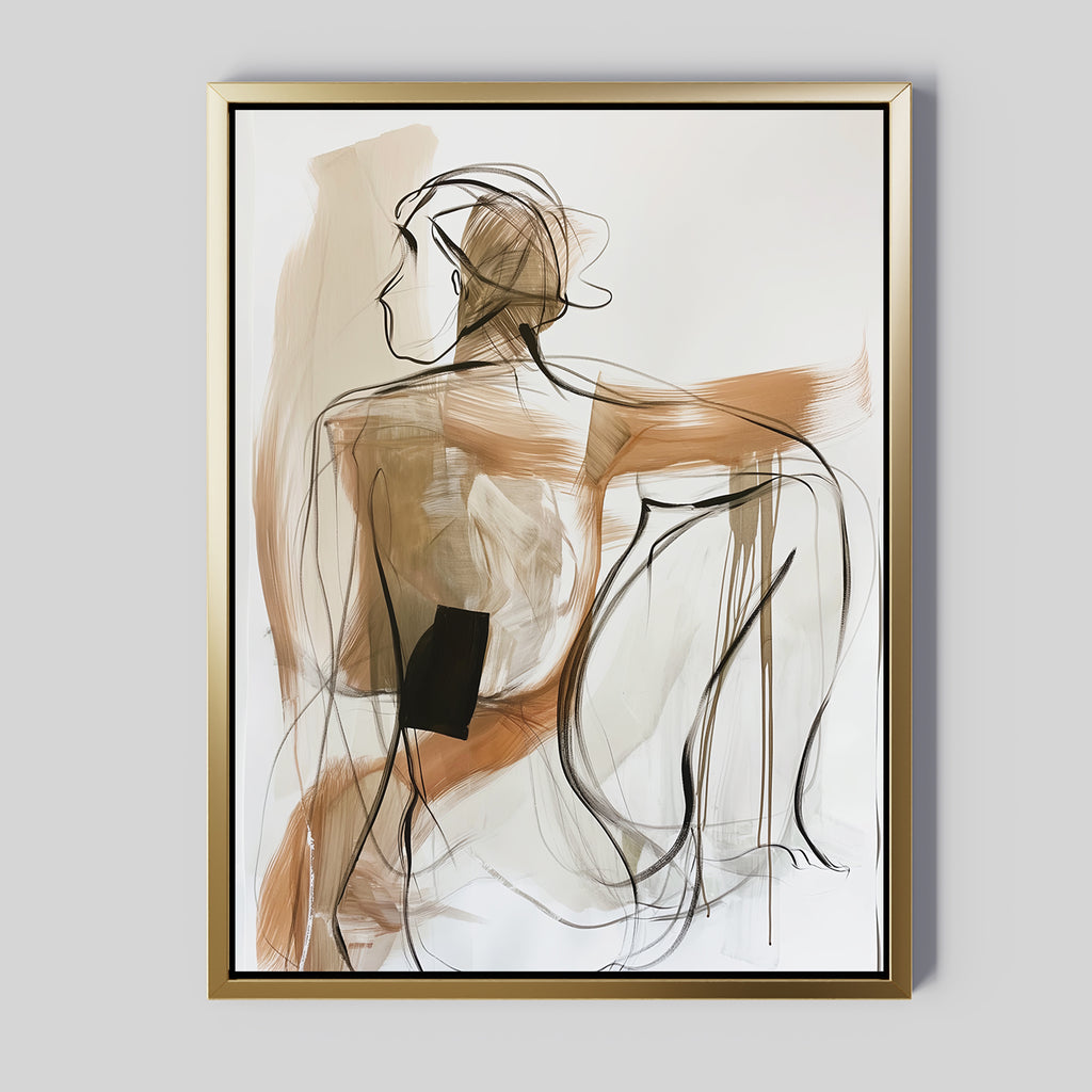 Sitting Silhouette Abstract Canvas Art: A minimalist line drawing of a seated figure in brown and black brushstrokes, displayed in a gold frame on a light gray wall.