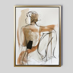 Sitting Silhouette Abstract Canvas Art: A minimalist line drawing of a seated figure in brown and black brushstrokes, displayed in a gold frame on a light gray wall.