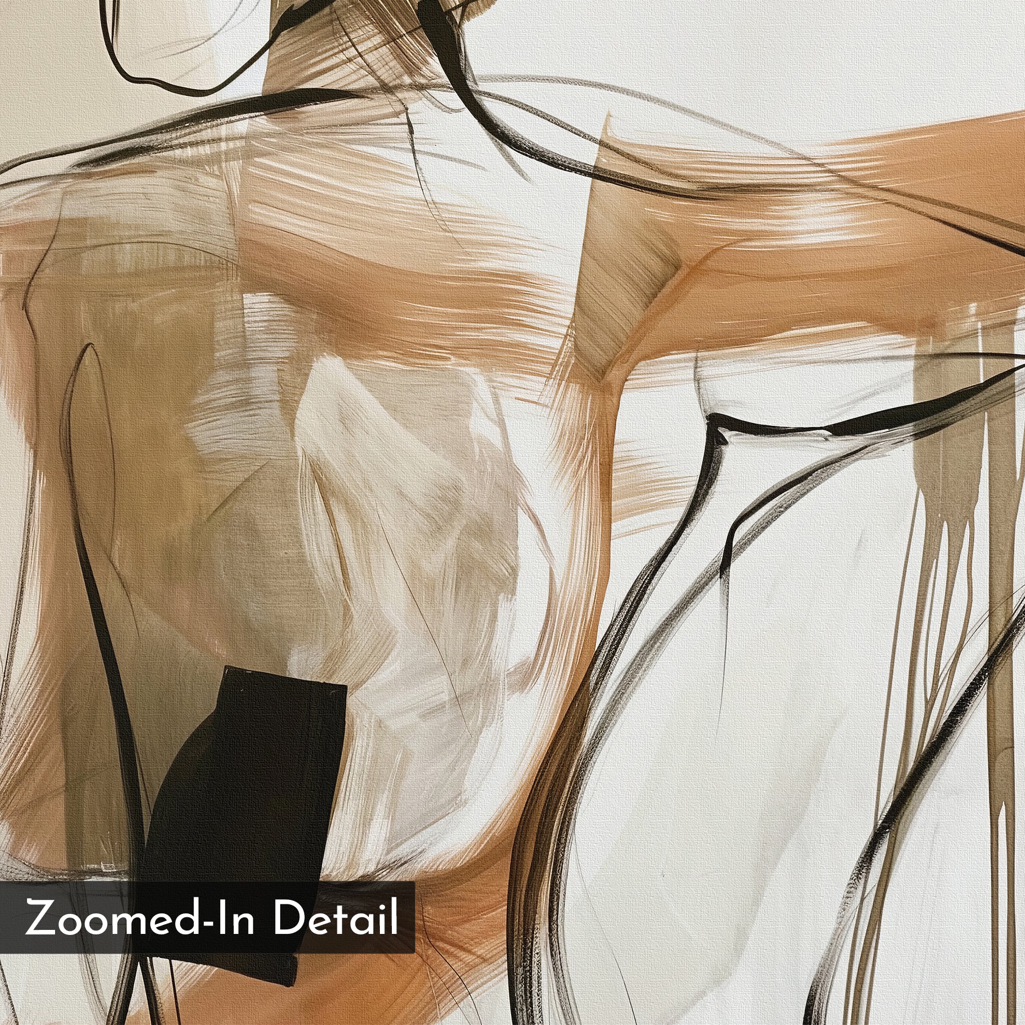 Sitting Silhouette Abstract Canvas Art features a close-up of a human torso and arm in earth tones, painted with expressive brushstrokes. The text “Zoomed-In Detail” is visible in the bottom left corner.