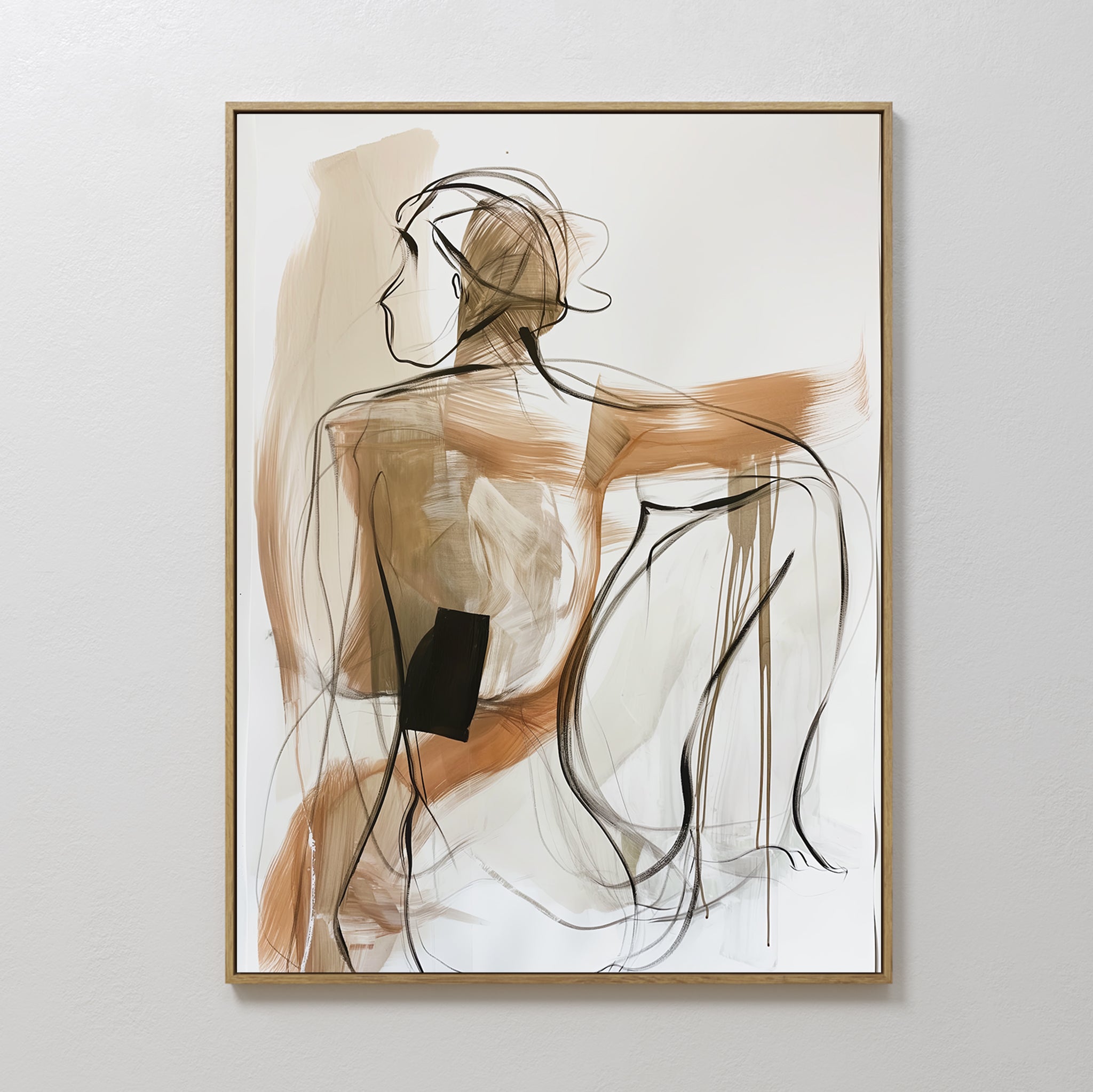 Sitting Silhouette Abstract Canvas Art features a minimalist seated figure, outlined in black and brown on a white background with fluid lines and neutral colors. Framed and ready to hang, it adds modern elegance to any light-colored wall.