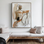 A minimalist room features a wooden bench, neutral cushions, and the Sitting Silhouette Abstract Canvas Art—a striking abstract line art painting of a seated figure—displayed on the wall.