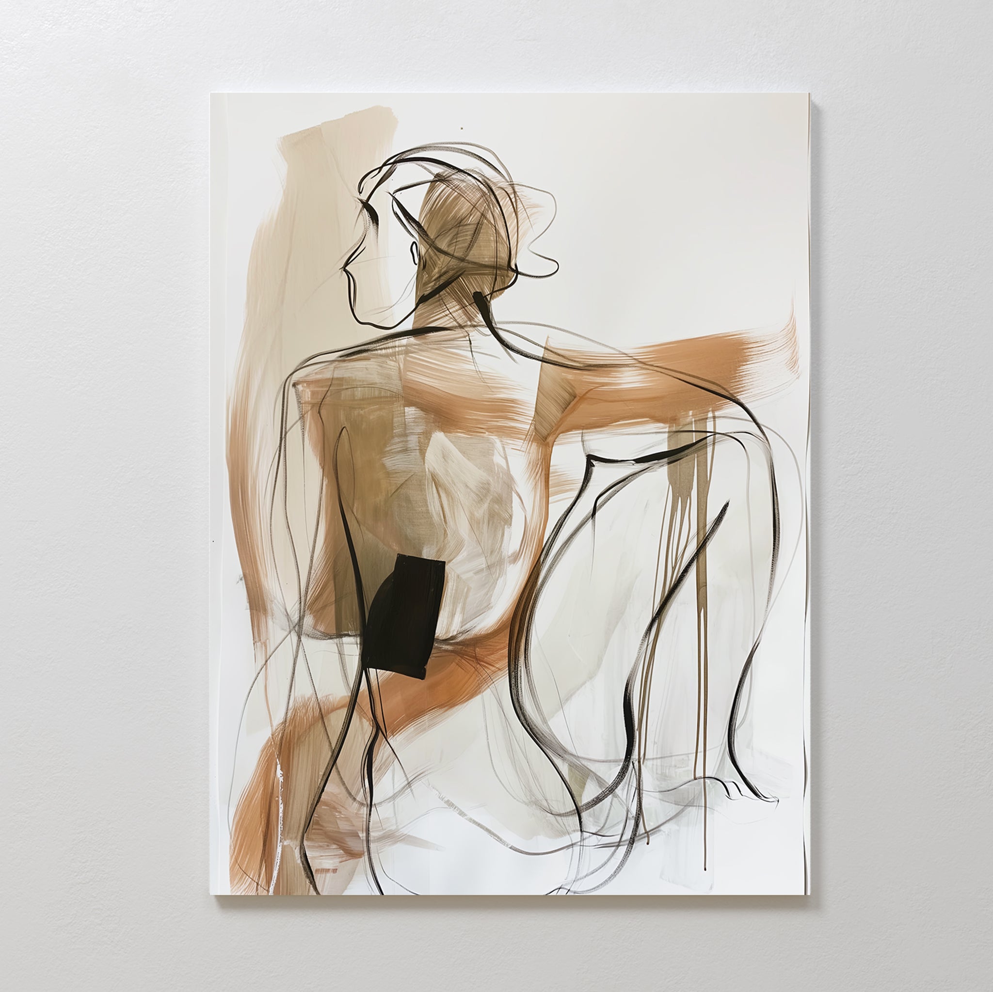 Sitting Silhouette Abstract Canvas Art features bold lines and earthy brushstrokes depicting a relaxed figure seated and viewed from behind, capturing artistic fluidity on a bright white background.