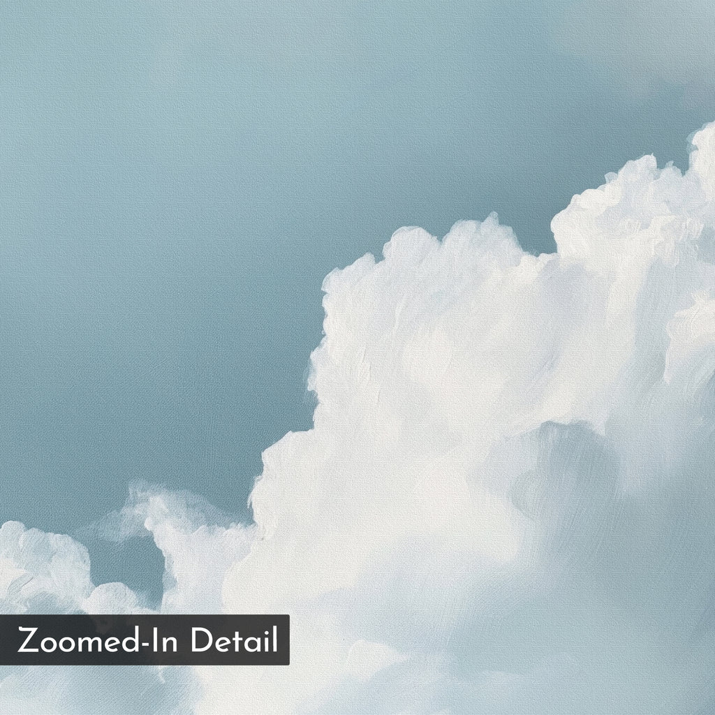 Zoomed-in detail of soft, fluffy white clouds on a light blue sky in a painterly, textured style—perfect minimalist wall art for serene living rooms. A dark label in the lower left reads "Sky Serenade Abstract Canvas Art.