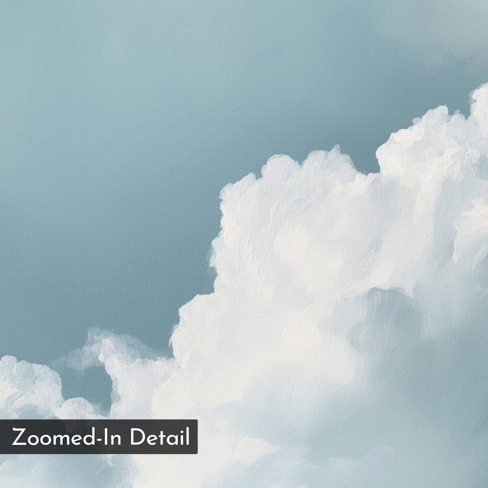Zoomed-in detail of soft, fluffy white clouds on a light blue sky in a painterly, textured style—perfect minimalist wall art for serene living rooms. A dark label in the lower left reads "Sky Serenade Abstract Canvas Art.