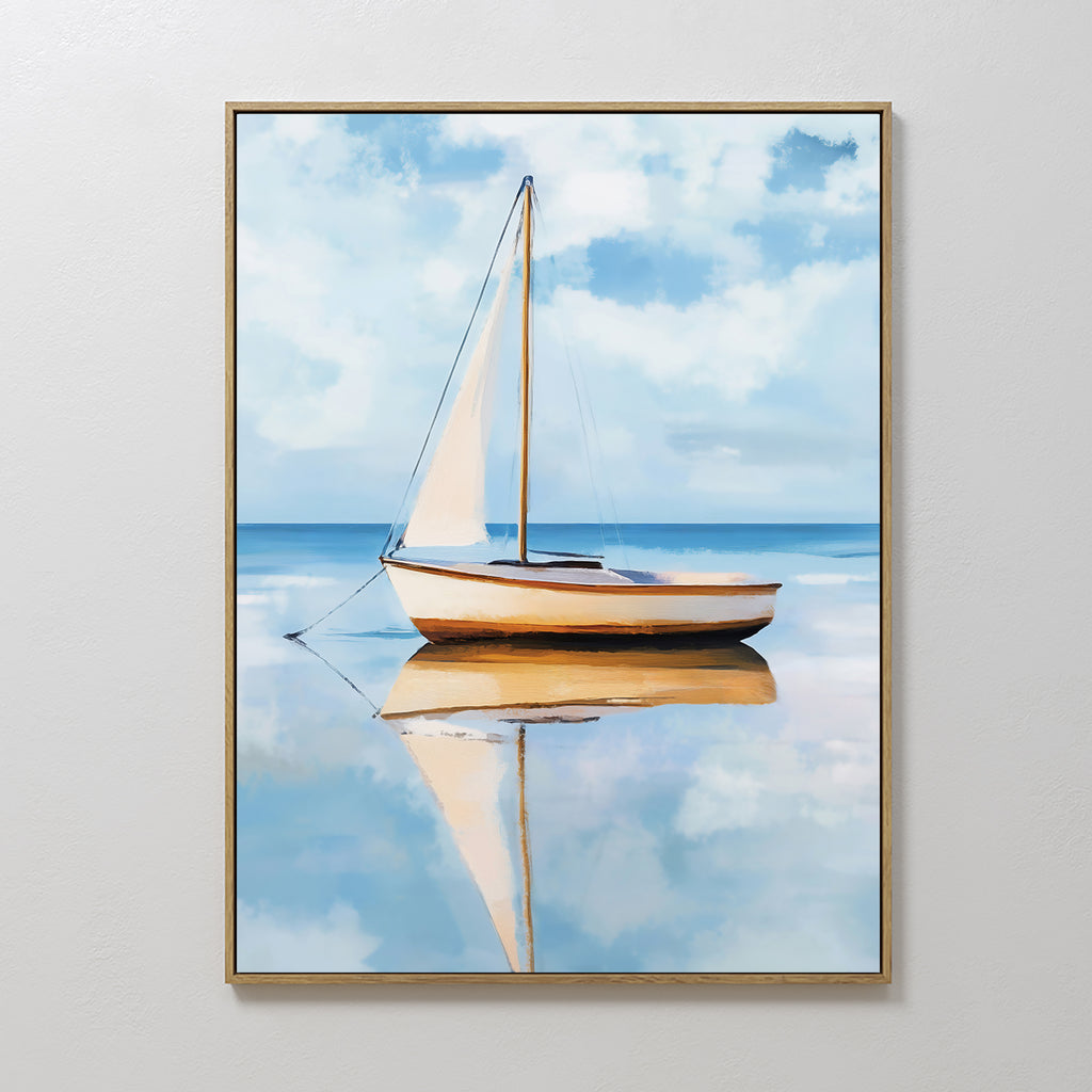 Skybound Reflection Canvas Art features a sailboat with cream sails on calm water under a blue sky with soft clouds—ideal minimalist wall art to add peaceful, serene style to your bedroom decor.