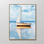 Skybound Reflection Canvas Art features a sailboat with cream sails on calm water under a blue sky with soft clouds—ideal minimalist wall art to add peaceful, serene style to your bedroom decor.