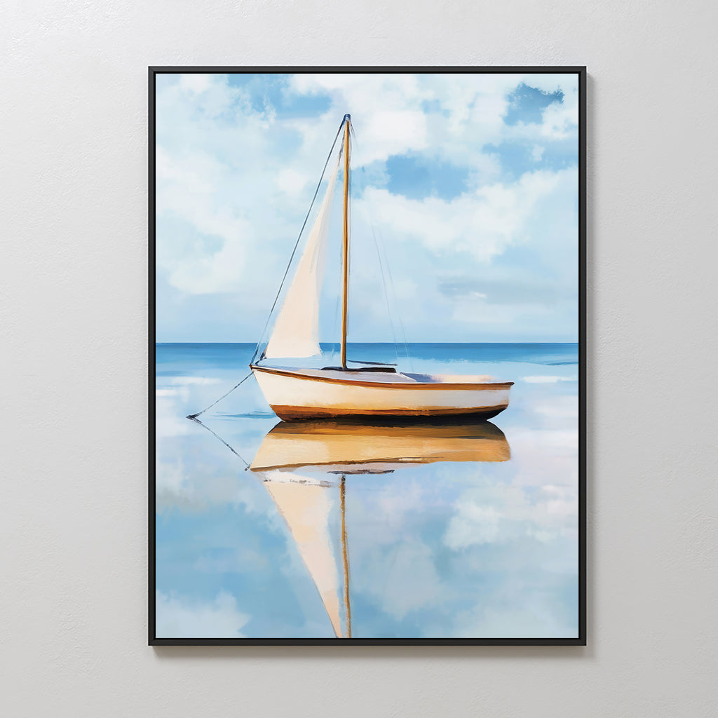 Skybound Reflection Canvas Art features a minimalist sailboat with white sails floating on calm water under fluffy clouds and a blue sky. Ideal for bedroom decor, it adds serene beauty when displayed on a white wall.