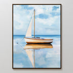 The Skybound Reflection Canvas Art is a framed minimalist wall piece featuring a sailboat with white sails on calm water beneath a blue sky—perfect bedroom decor to bring tranquility and serene reflections to any space.