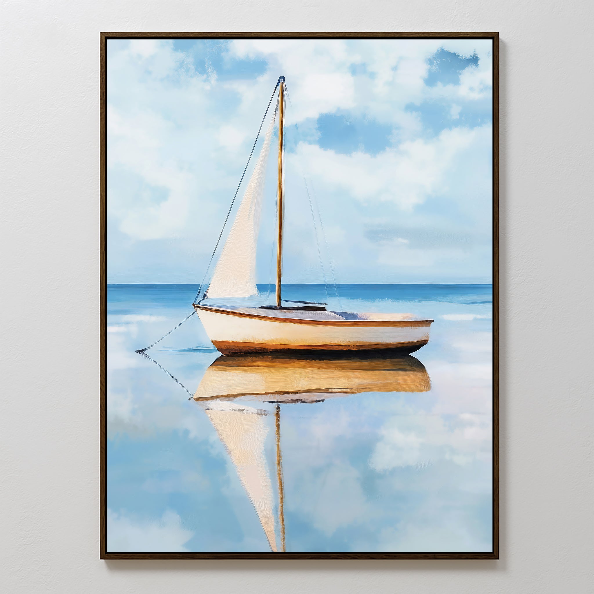 The Skybound Reflection Canvas Art is a framed minimalist wall piece featuring a sailboat with white sails on calm water beneath a blue sky—perfect bedroom decor to bring tranquility and serene reflections to any space.