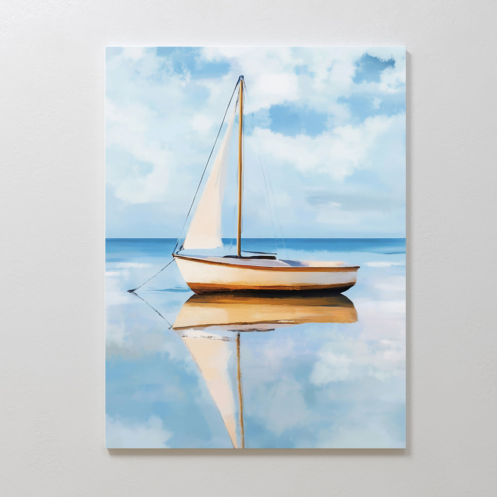 Skybound Reflection Canvas Art captures a small sailboat with white sails drifting on calm water beneath a blue, cloud-dappled sky—a minimalist piece ideal for bringing serene style to your bedroom decor.