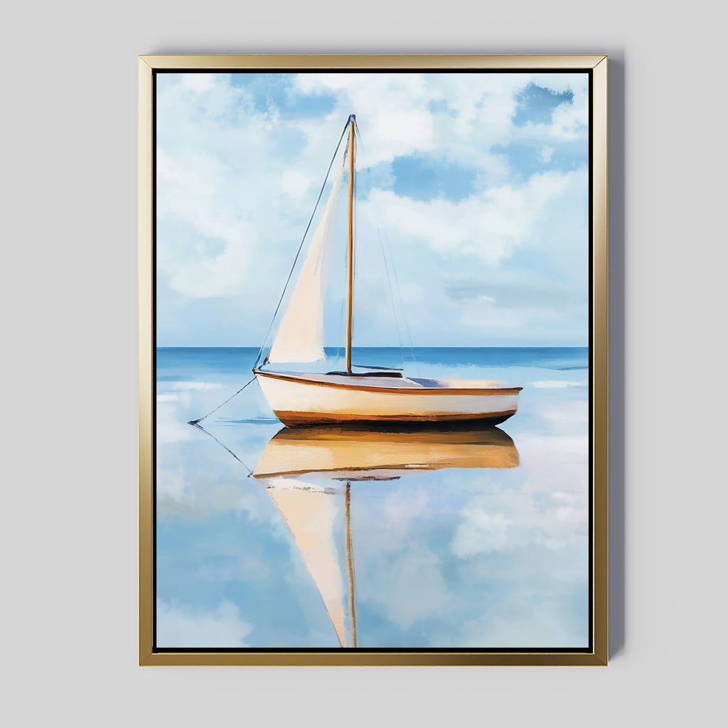 The Skybound Reflection Canvas Art features a minimalist sailboat with white sails on calm water beneath a blue, cloud-filled sky, making it a serene choice for large bedroom wall decor on a light gray wall.