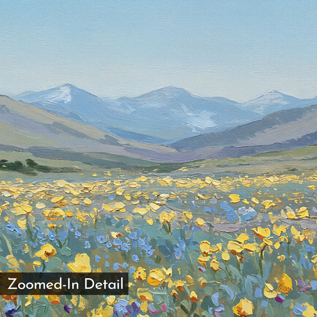 Skyview Field Canvas Art depicts a field of yellow and blue wildflowers, rolling hills, and distant snow-capped mountains beneath a blue sky—ideal as large wall art to enhance your bedroom. A "Zoomed-In Detail" label is in the lower left corner.