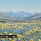 Skyview Field Canvas Art depicts a field of yellow and blue wildflowers, rolling hills, and distant snow-capped mountains beneath a blue sky—ideal as large wall art to enhance your bedroom. A "Zoomed-In Detail" label is in the lower left corner.