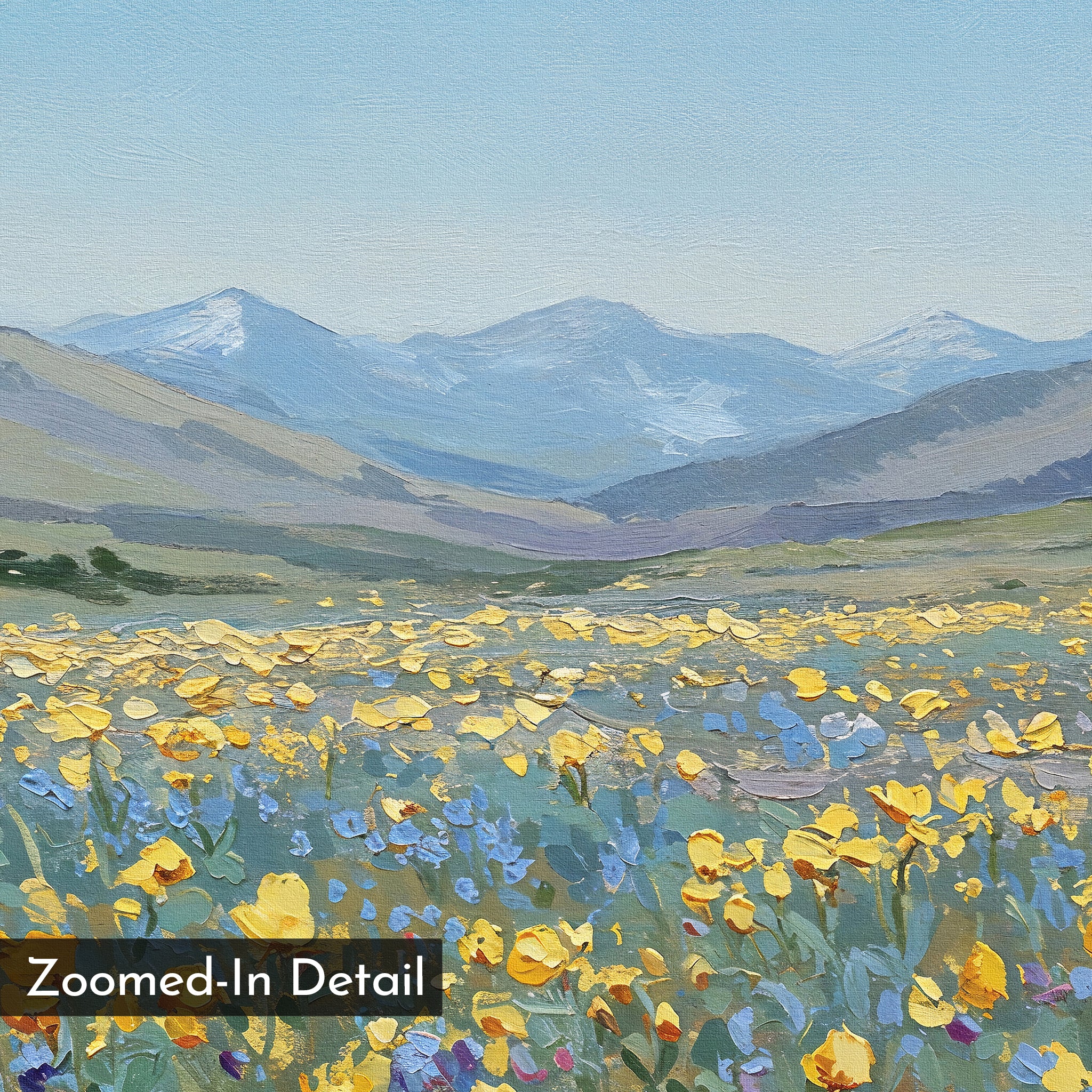Skyview Field Canvas Art depicts a field of yellow and blue wildflowers, rolling hills, and distant snow-capped mountains beneath a blue sky—ideal as large wall art to enhance your bedroom. A "Zoomed-In Detail" label is in the lower left corner.