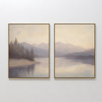 The "Smoky Peaks Set of 2" features serene landscape wall art on print canvas, depicting misty mountains and calm waters in soft blue, gray, and beige for a tranquil, peaceful mood.