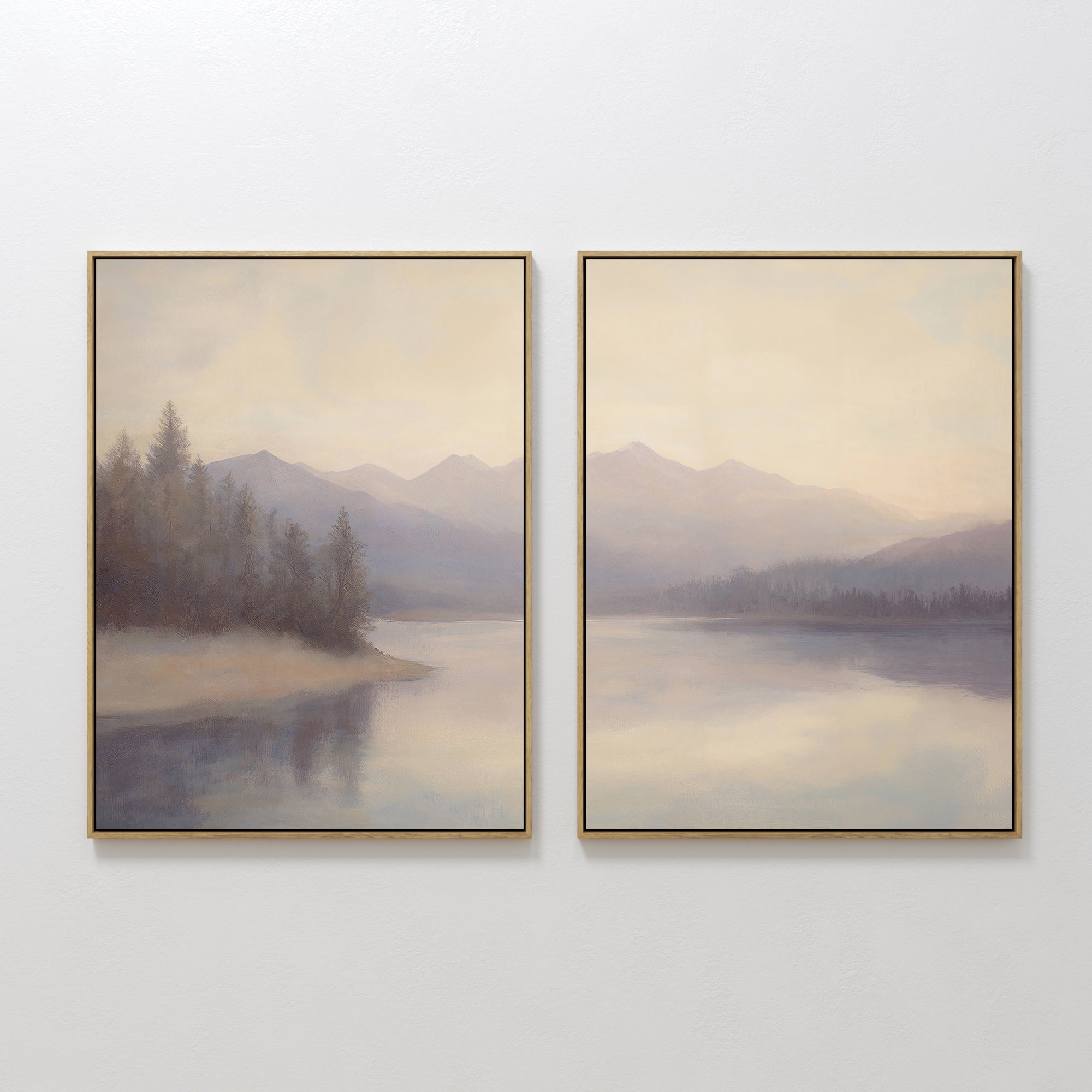 The "Smoky Peaks Set of 2" features serene landscape wall art on print canvas, depicting misty mountains and calm waters in soft blue, gray, and beige for a tranquil, peaceful mood.